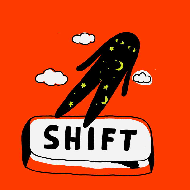 On a red background, a colorful, whimsical illustration of a floating dark figure with stars and moons in it’s body on a SHIFT button that reads “SHIFT.” There are clouds in the background. This image represents the shift needed to promote employee satisfaction, specifically resources and support to keep employees engaged. 