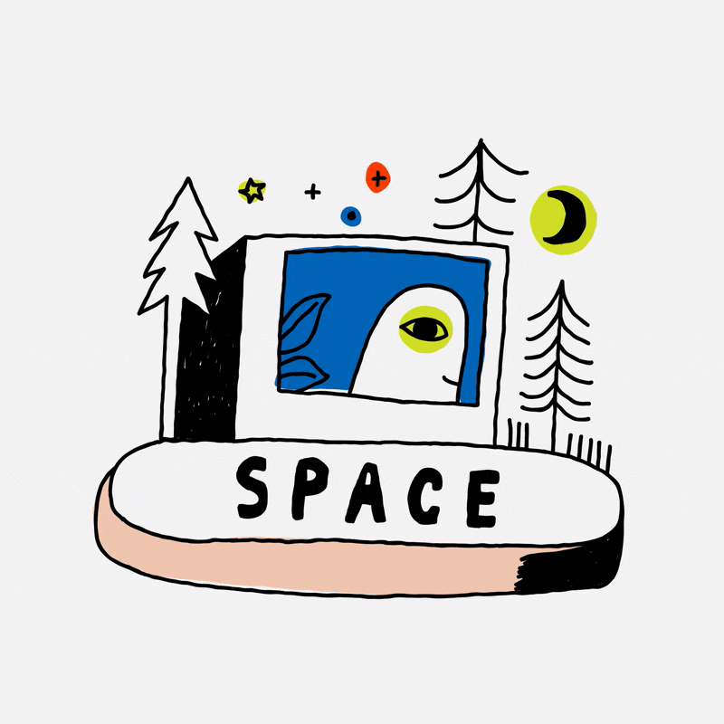 A colorful, whimsical illustration of a person sitting in a blue box surrounded by trees. Underneath is a SPACE button with the text “SPACE.” This image represents the space employees need to give so employees feel a work-life balance. Giving them space promotes more employee retention.